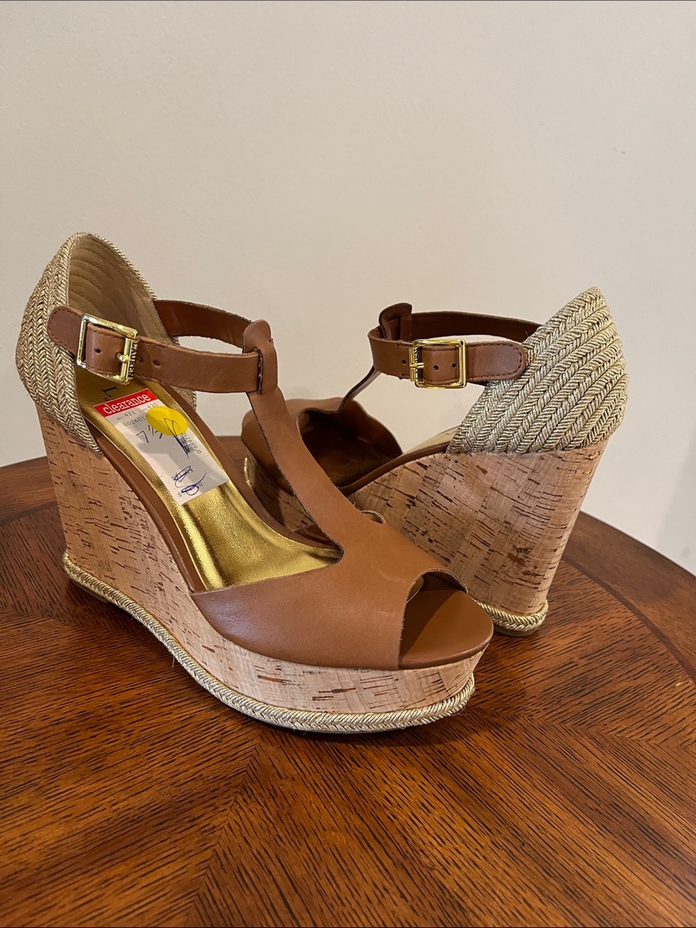 🆕 Lauren Ralph Lauren Sheila Gold Metallic Cork Platform T-Strap Leather Sandals